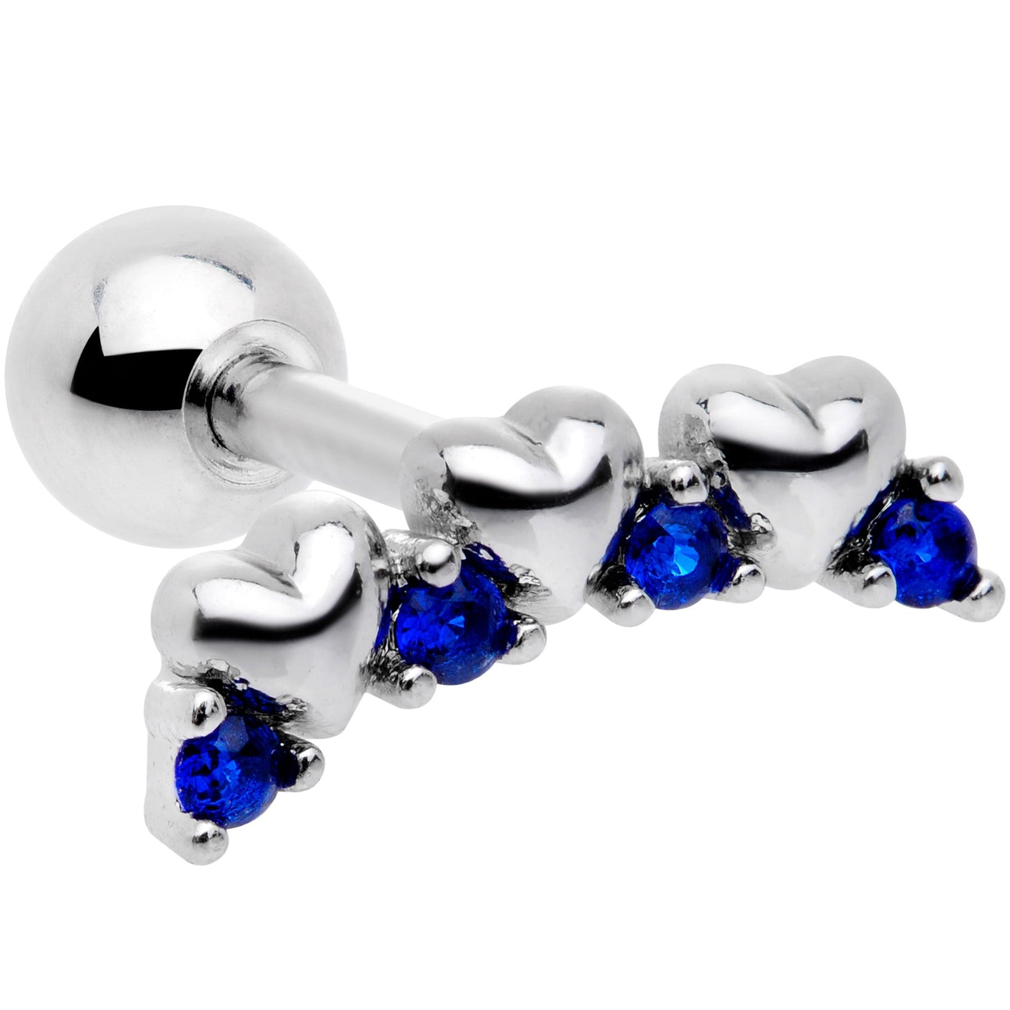 16G 1/4 Blue CZ Gem Tiny Hearts Cartilage Tragus Earring