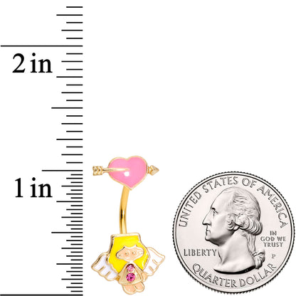 Pink Gem Gold Tone Cupid Heart Double Mount Belly Ring