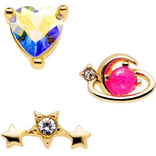 16G 1/4 Pink Faux Opal Gold Tone Heart Cartilage Tragus Set of 3