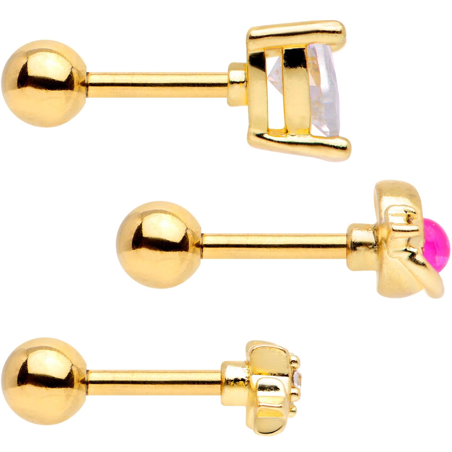 16G 1/4 Pink Faux Opal Gold Tone Heart Cartilage Tragus Set of 3