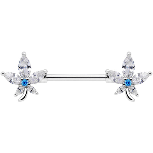14G 9/16 Clear Blue CZ Gem Marijuana Leaf Barbell Nipple Ring Set