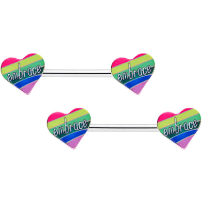14G 5/8 Rainbow Embrace Pride Heart Barbell Nipple Ring Set