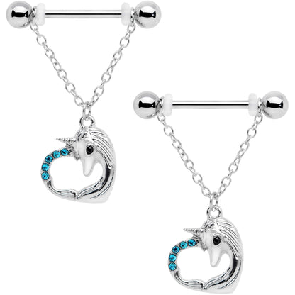 14G 5/8 Aqua Gem Unicorn Heart Dangle Barbell Nipple Ring Set