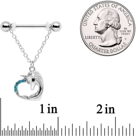 14G 5/8 Aqua Gem Unicorn Heart Dangle Barbell Nipple Ring Set