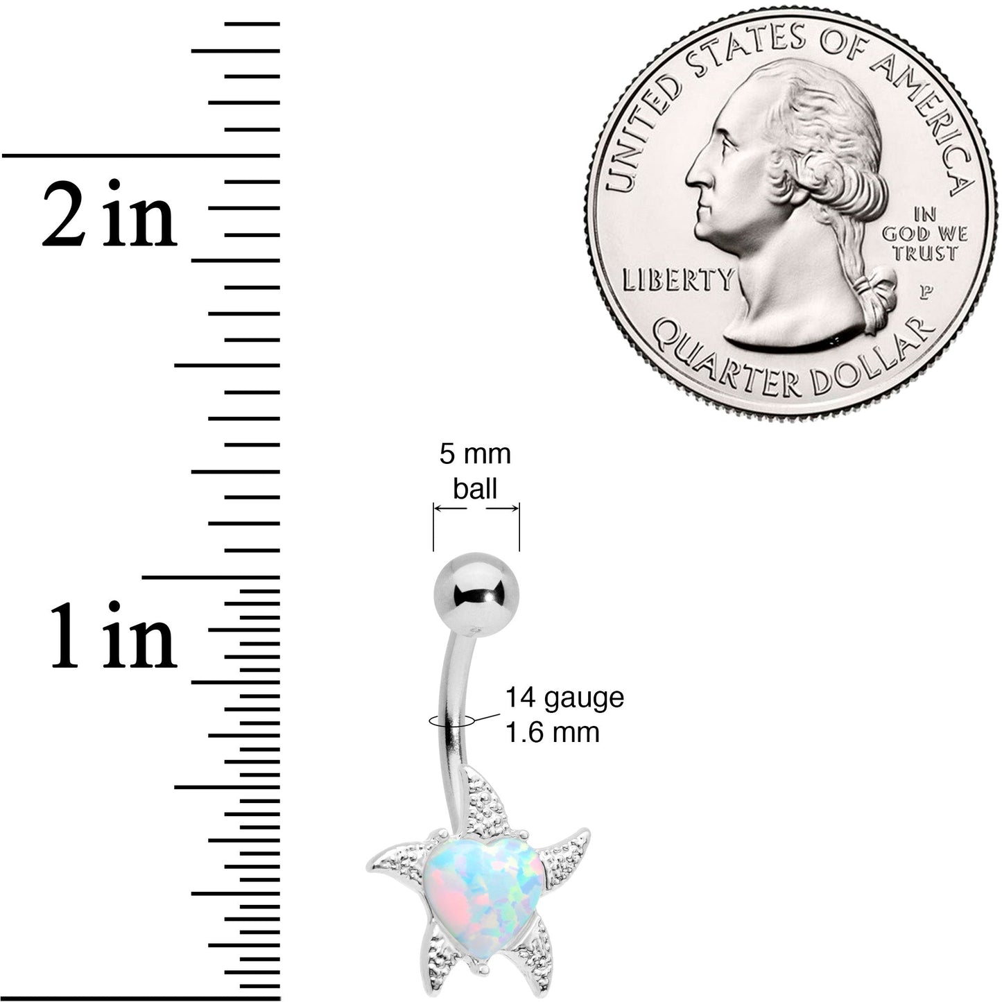 White Synthetic Opal Heart Starfish Nautical Belly Ring