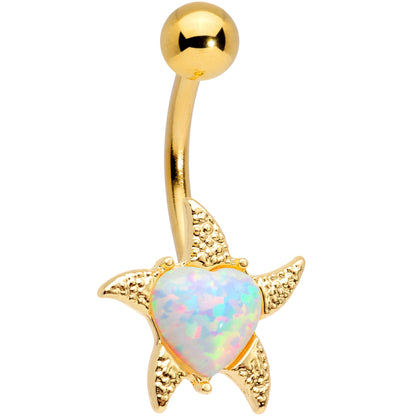 White Synthetic Opal Gold Tone Heart Starfish Nautical Belly Ring