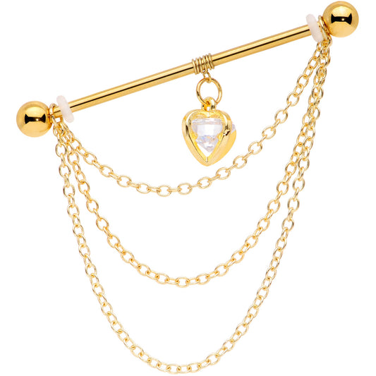 14G Clear CZ Gem Gold Tone Heart Dangle Industrial Barbell 38mm