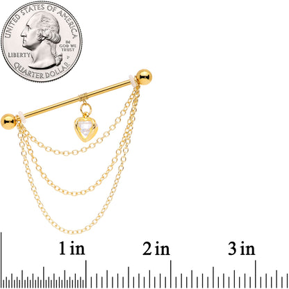 14G Clear CZ Gem Gold Tone Heart Dangle Industrial Barbell 38mm