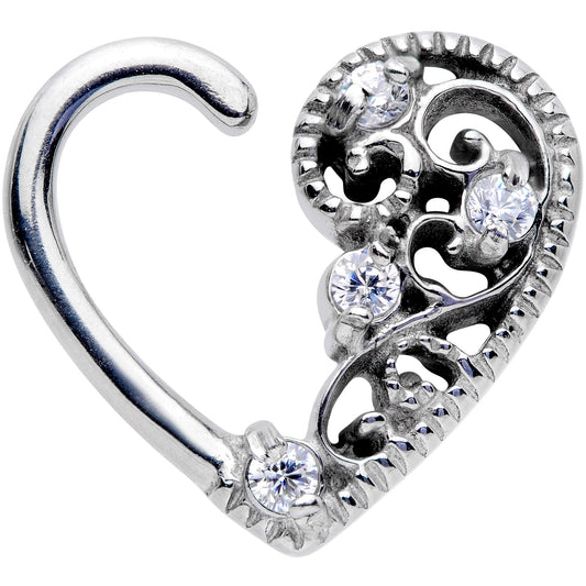 16G 3/8 Clear CZ Gem Art Deco Left Heart Closure Ring