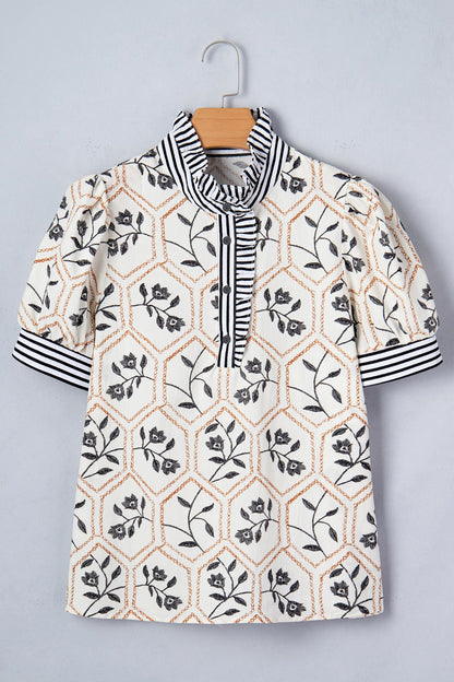 Floral Stripe Patchwork Button Neck Blouse