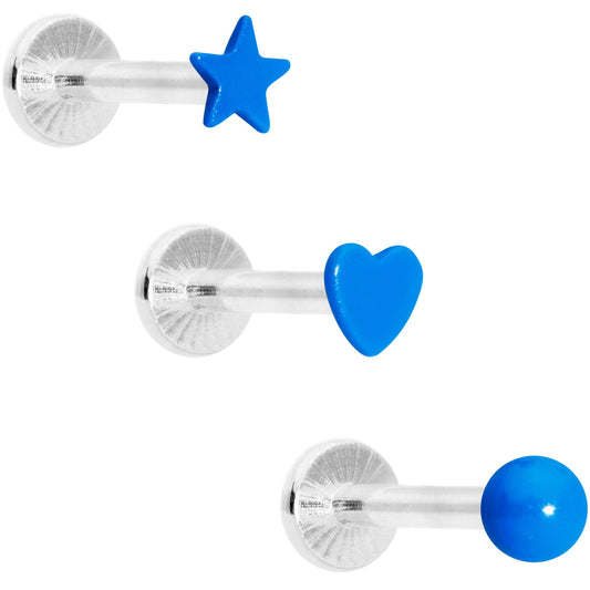 16G 5/16 Blue Glow Star Heart Labret Set of 3