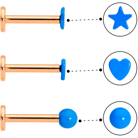 16G 5/16 Rose Gold Tone Blue Glow Star Heart Labret Set of 3