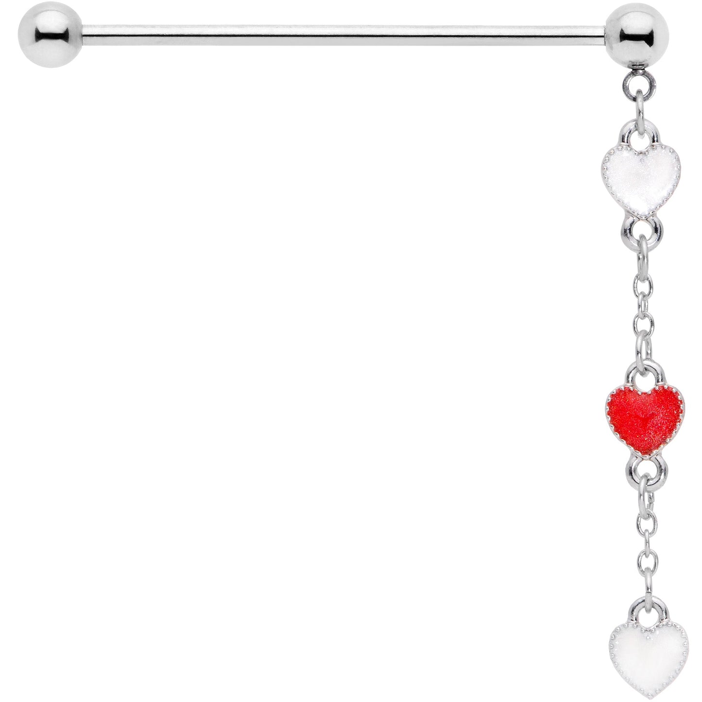 14G Red White Hearts Dangle Industrial Barbell 38mm