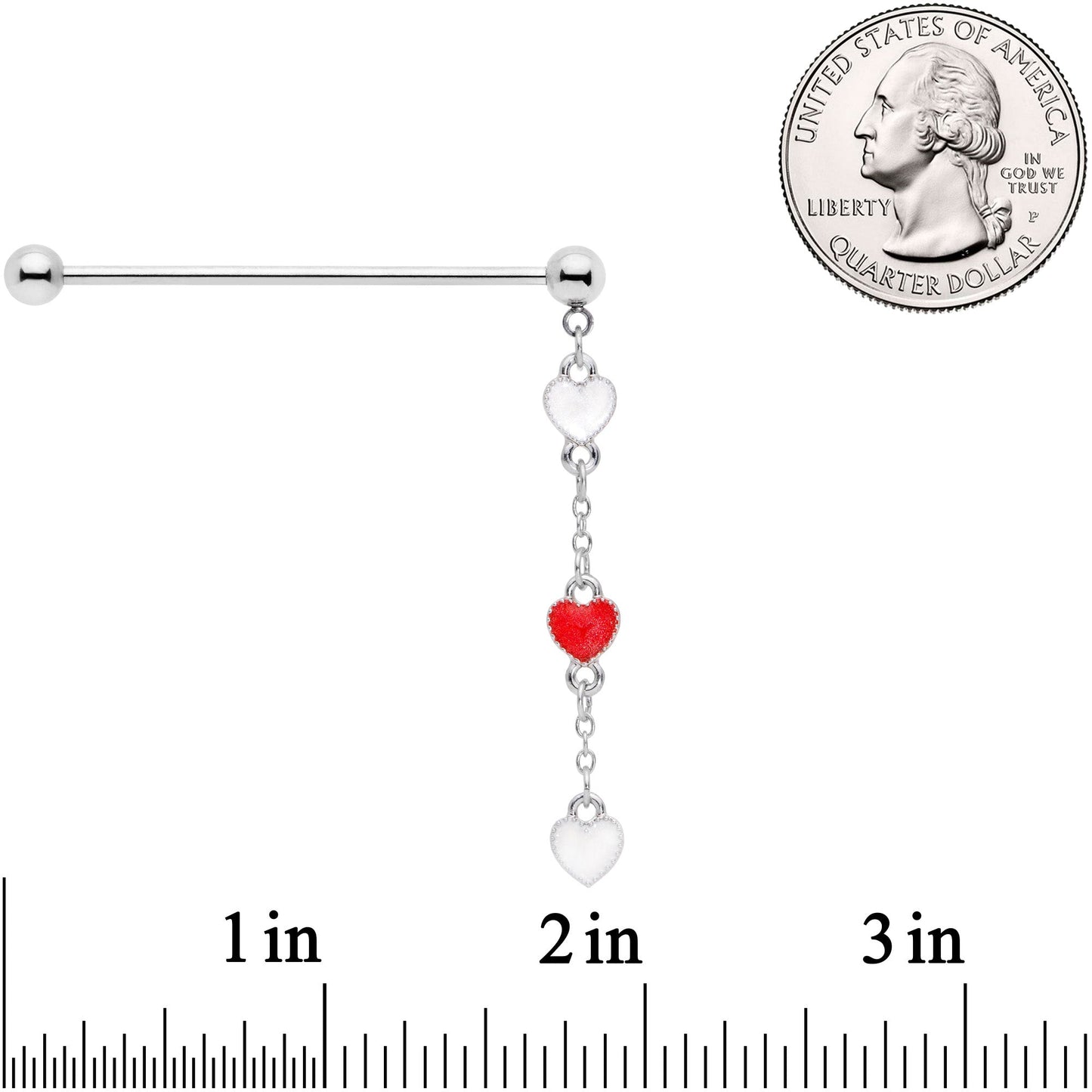 14G Red White Hearts Dangle Industrial Barbell 38mm