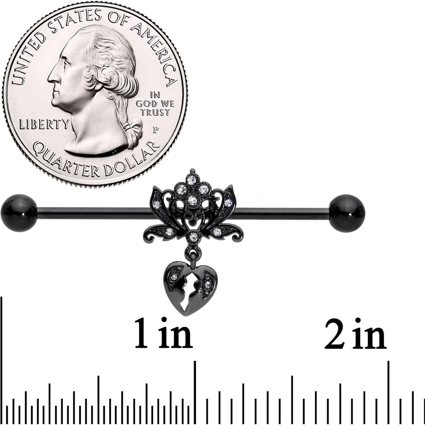 14G Clear Gem Black Heart Lock Lotus Flower Industrial Barbell 38mm