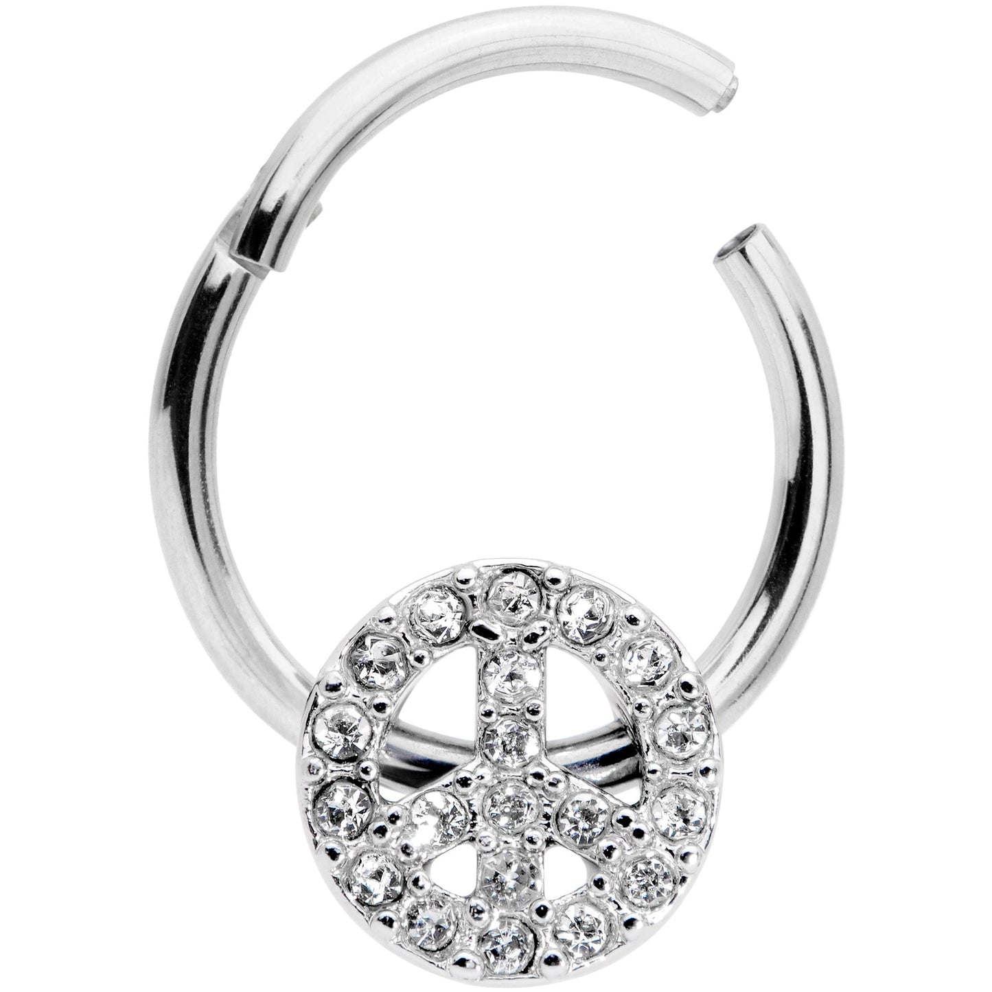 16G 3/8 Clear Gem Retro Peace Sign Hinged Segment Ring