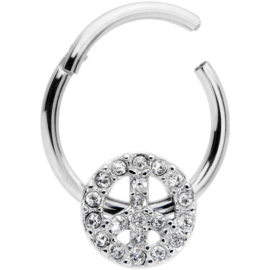 16G 3/8 Clear Gem Retro Peace Sign Hinged Segment Ring