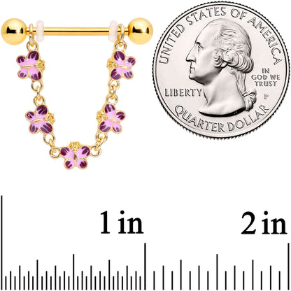 14G 3/4 Pink Purple Gold Tone Butterflies Dangle Nipple Ring Set