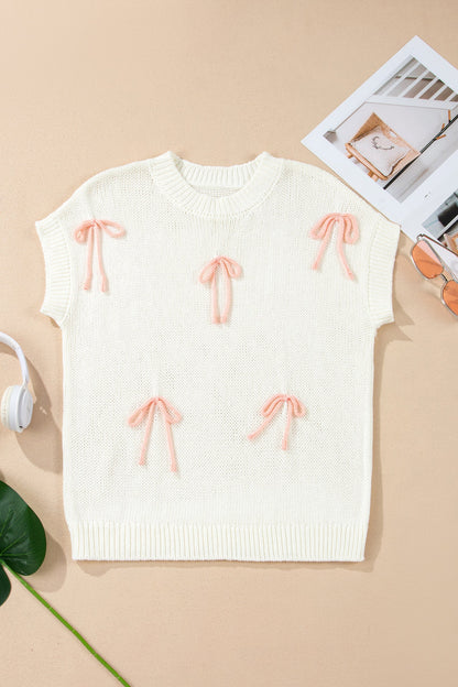 Short Sleeve Knit Contrast Bow-Knot Sweater