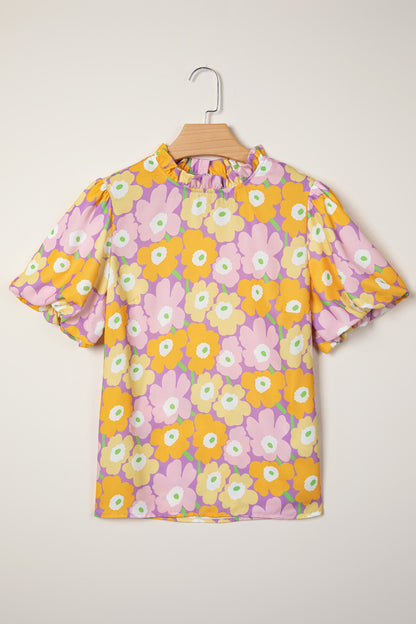 Frill Neck Puff Short Sleeve Top
