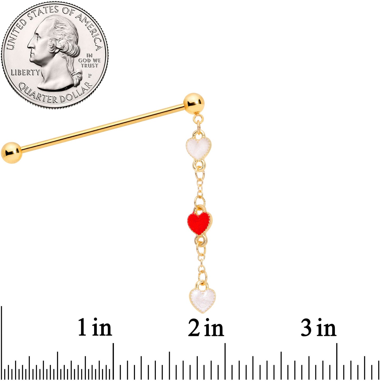 14G Red White Gold Tone Hearts Dangle Industrial Barbell 38mm
