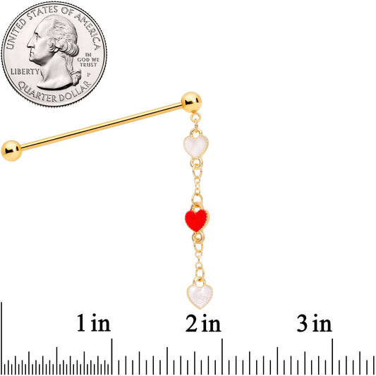 14G Red White Gold Tone Hearts Dangle Industrial Barbell 38mm