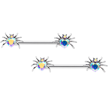 14G 9/16 Aurora Gem Sexy Heart Spider Barbell Nipple Ring Set