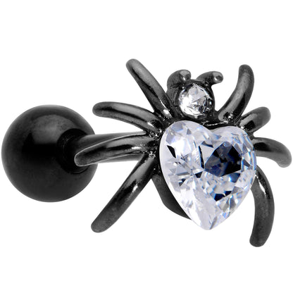 16G 1/4 Clear Gem Black Heart Spider Cartilage Tragus