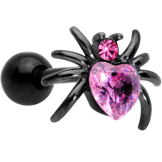 16G 1/4 Pink Gem Black Heart Spider Cartilage Tragus