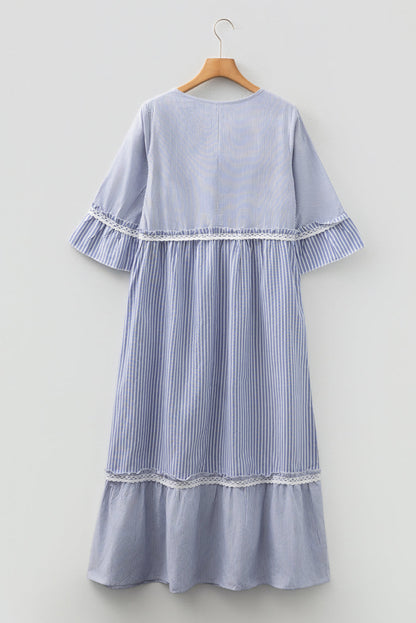 Stripe Patchwork Lace Trim 3/4 Sleeve Maxi Dress