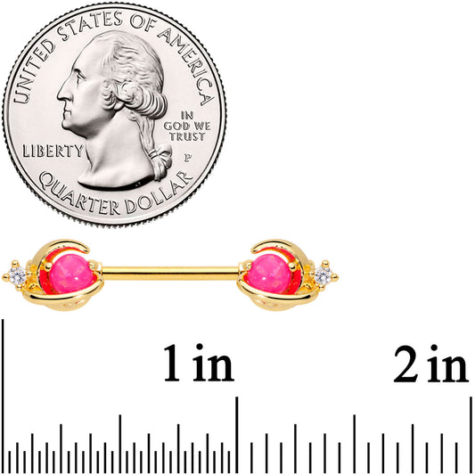 14G 9/16 Clear CZ Gem Gold Tone Pink Moon Barbell Nipple Ring Set