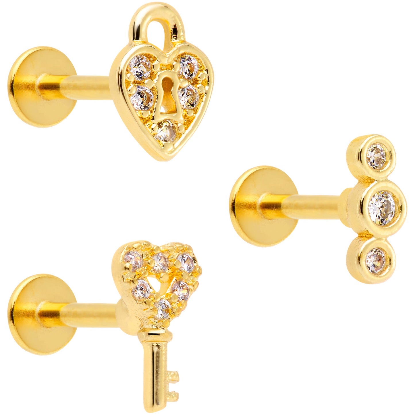 16G 5/16 Clear Gem Gold Tone Lock Key Labret Tragus Set of 3