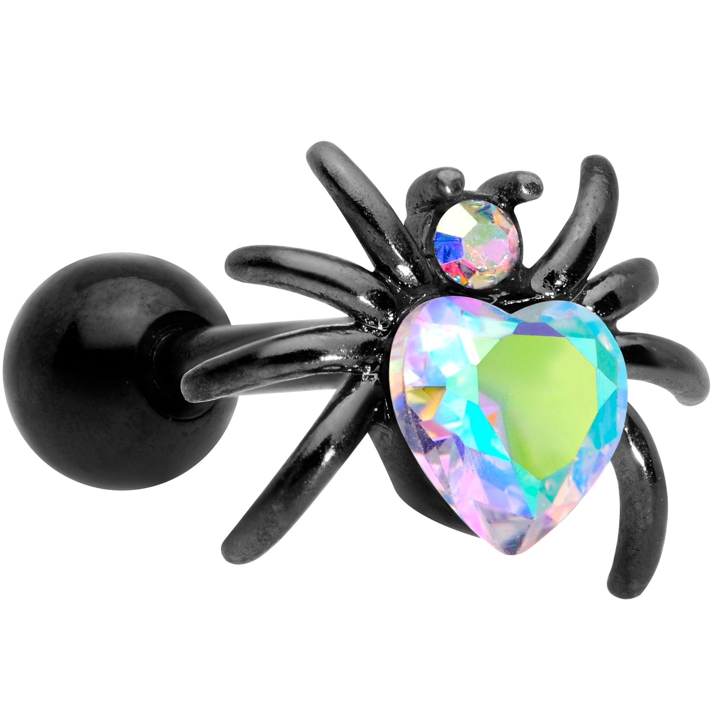 16G 1/4 Aurora Gem Black Heart Spider Cartilage Tragus