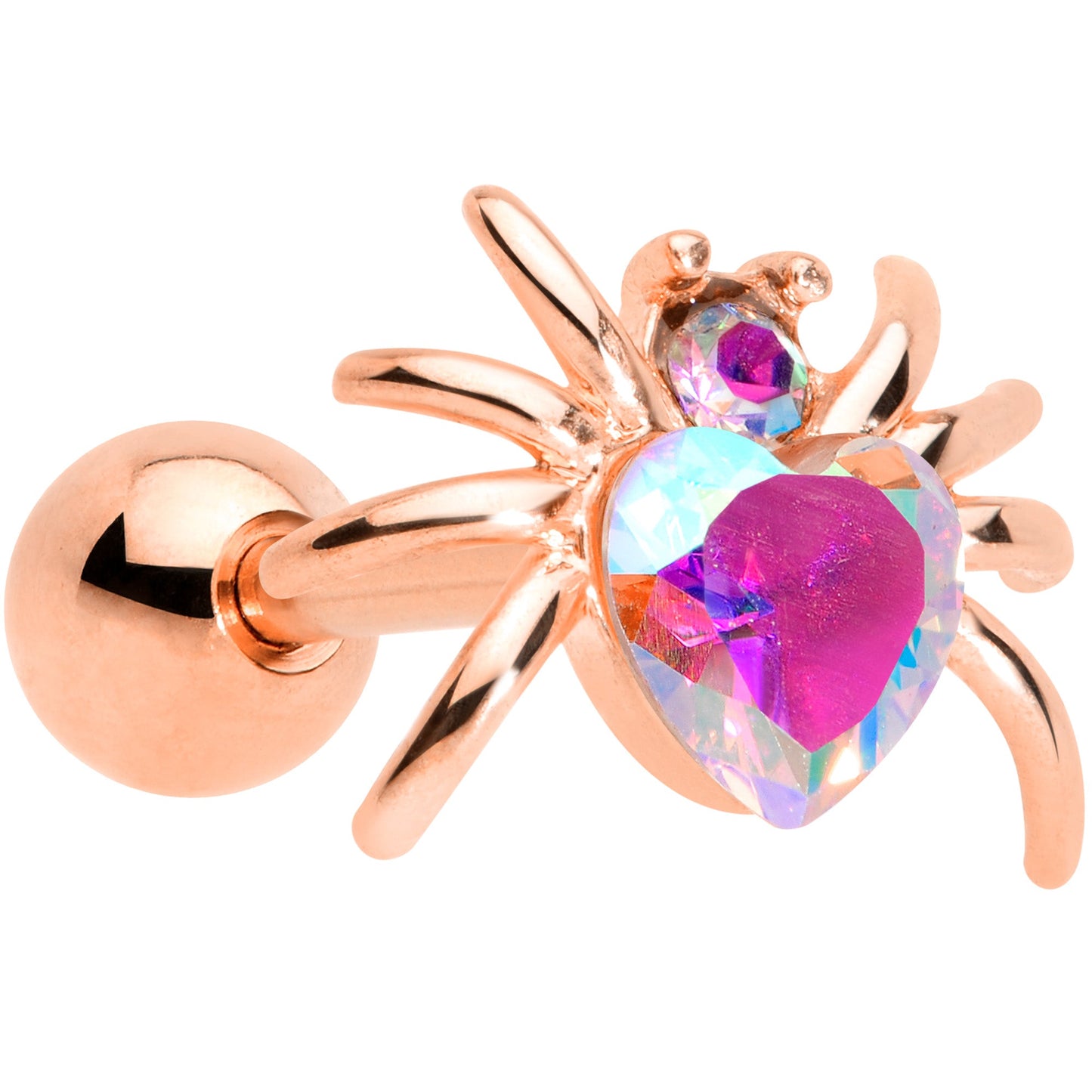 16G 1/4 Aurora Gem Rose Gold Tone Heart Spider Cartilage Tragus