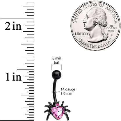 Pink Gem Black Halloween Heart Spider Belly Ring