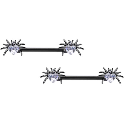 14G 5/8 Clear Gem Black Sexy Heart Spider Barbell Nipple Ring Set
