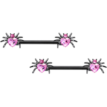 14G 5/8 Pink Gem Black Sexy Heart Spider Barbell Nipple Ring Set