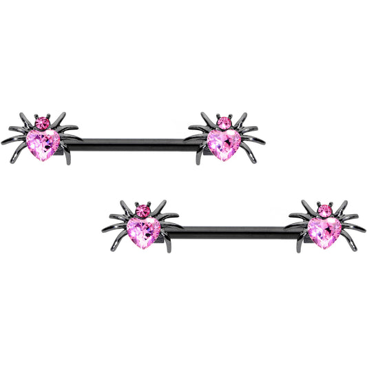 14G 5/8 Pink Gem Black Sexy Heart Spider Barbell Nipple Ring Set
