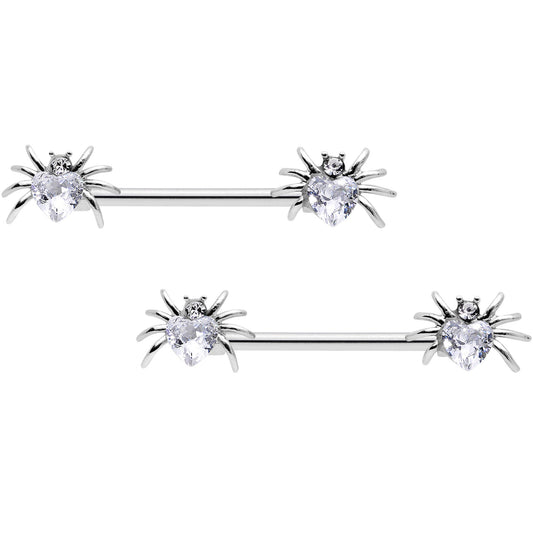 14G 5/8 Clear Gem Sexy Heart Spider Barbell Nipple Ring Set