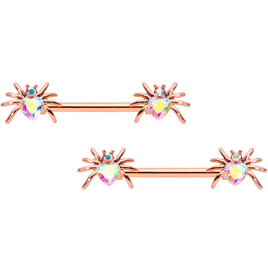 14G 5/8 Aurora Gem Rosy Sexy Heart Spider Barbell Nipple Ring Set