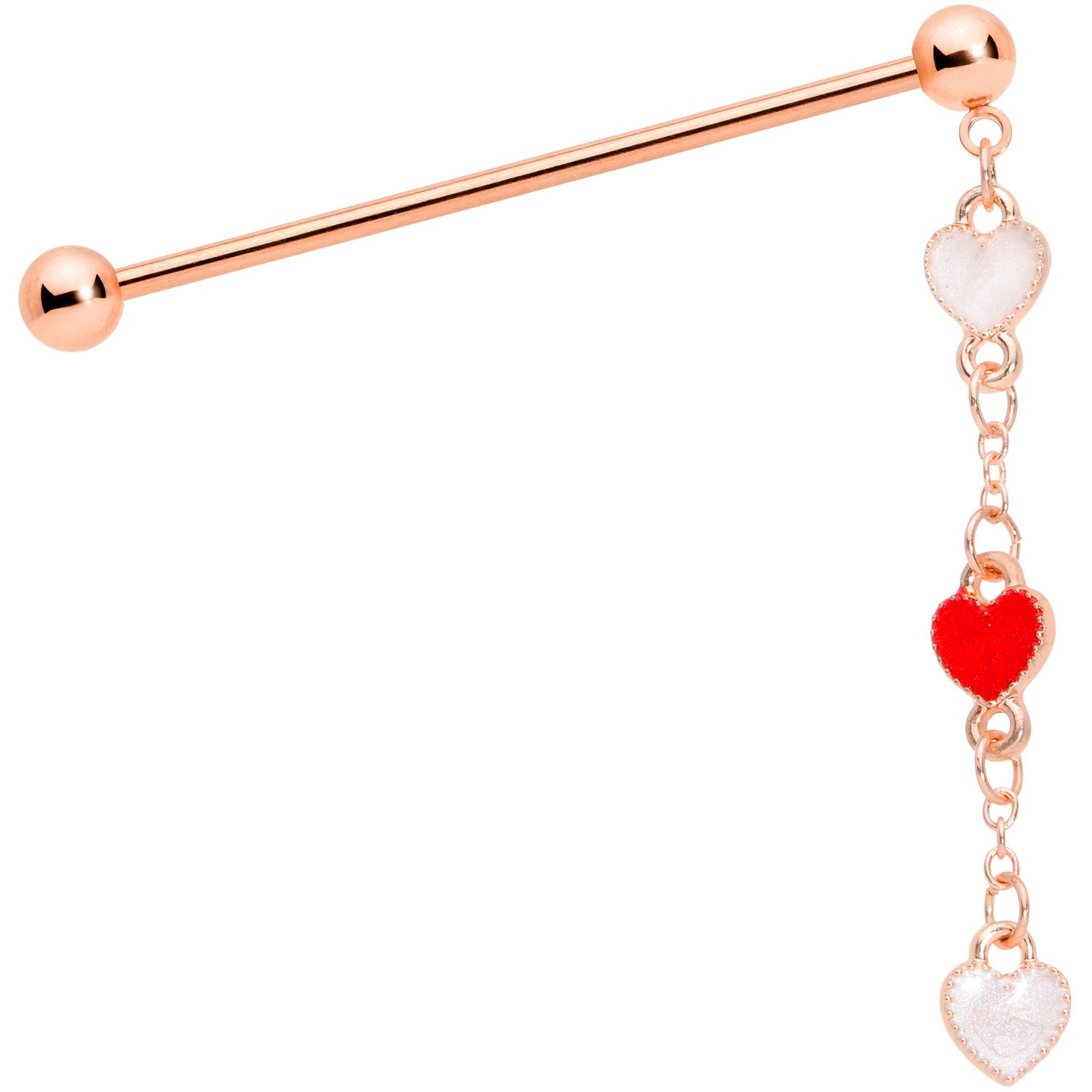 14G Red White Rose Gold Tone Hearts Dangle Industrial Barbell 38mm