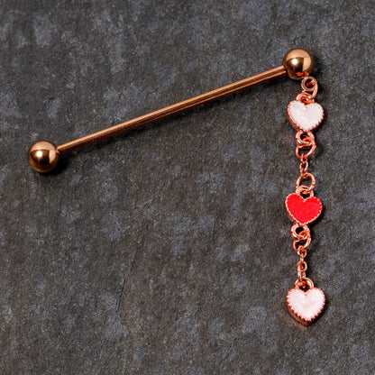 14G Red White Rose Gold Tone Hearts Dangle Industrial Barbell 38mm