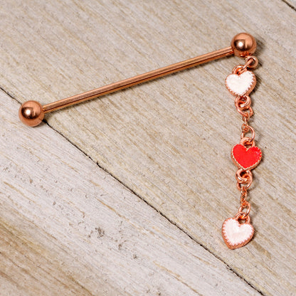 14G Red White Rose Gold Tone Hearts Dangle Industrial Barbell 38mm