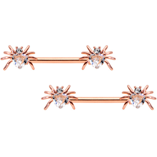 14G 9/16 Clear Gem Rose Gold Tone Heart Spider Nipple Ring Set