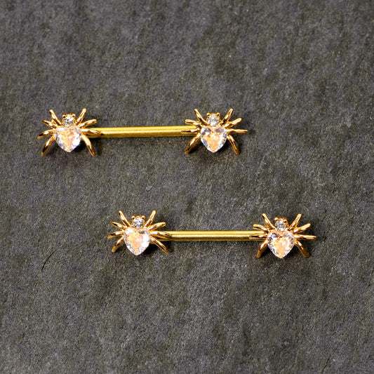 14G 9/16 Clear Gem Gold Tone Heart Spider Nipple Ring Set