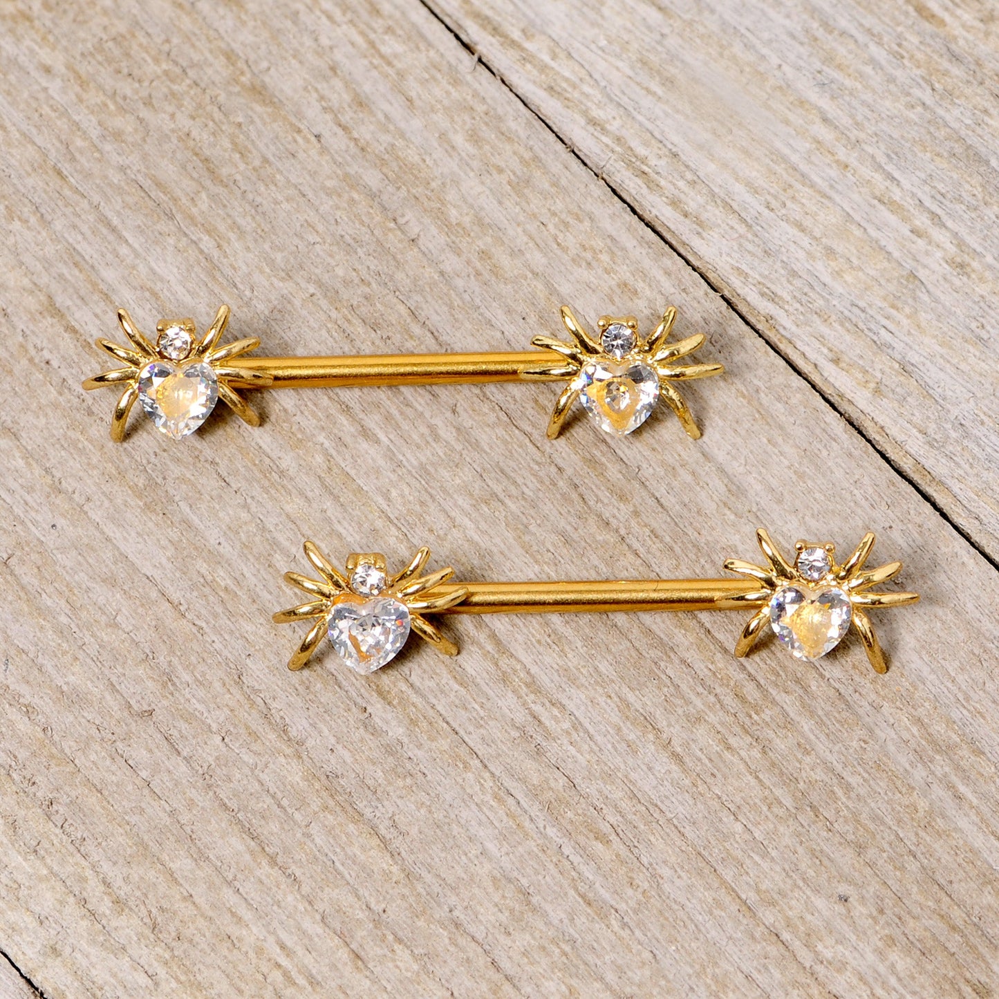 14G 9/16 Clear Gem Gold Tone Heart Spider Nipple Ring Set