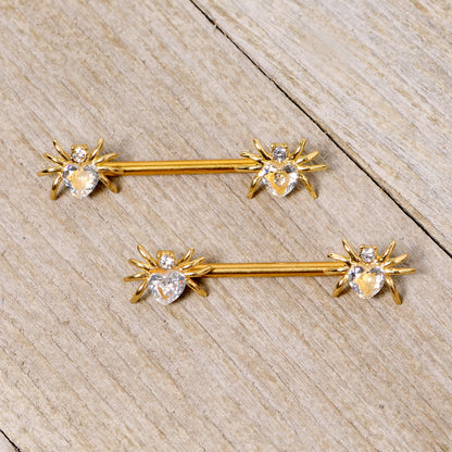 14G 9/16 Clear Gem Gold Tone Heart Spider Nipple Ring Set