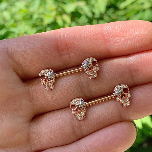 14G 9/16 Clear Gem Star Skull Barbell Nipple Ring Set