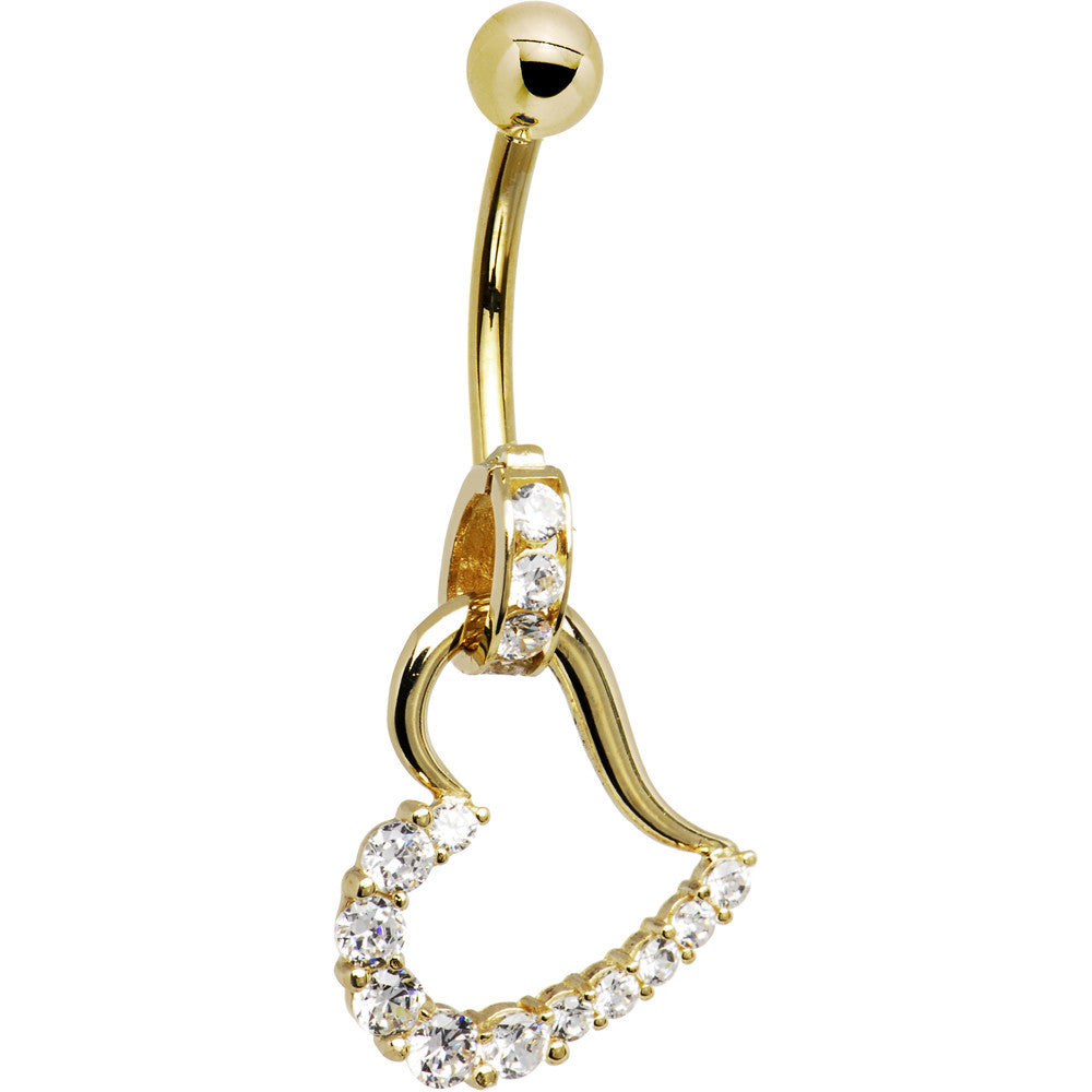 16G Solid 14K Yellow Gold Cubic Zirconia HOLLOW HEART CHARM Belly Ring