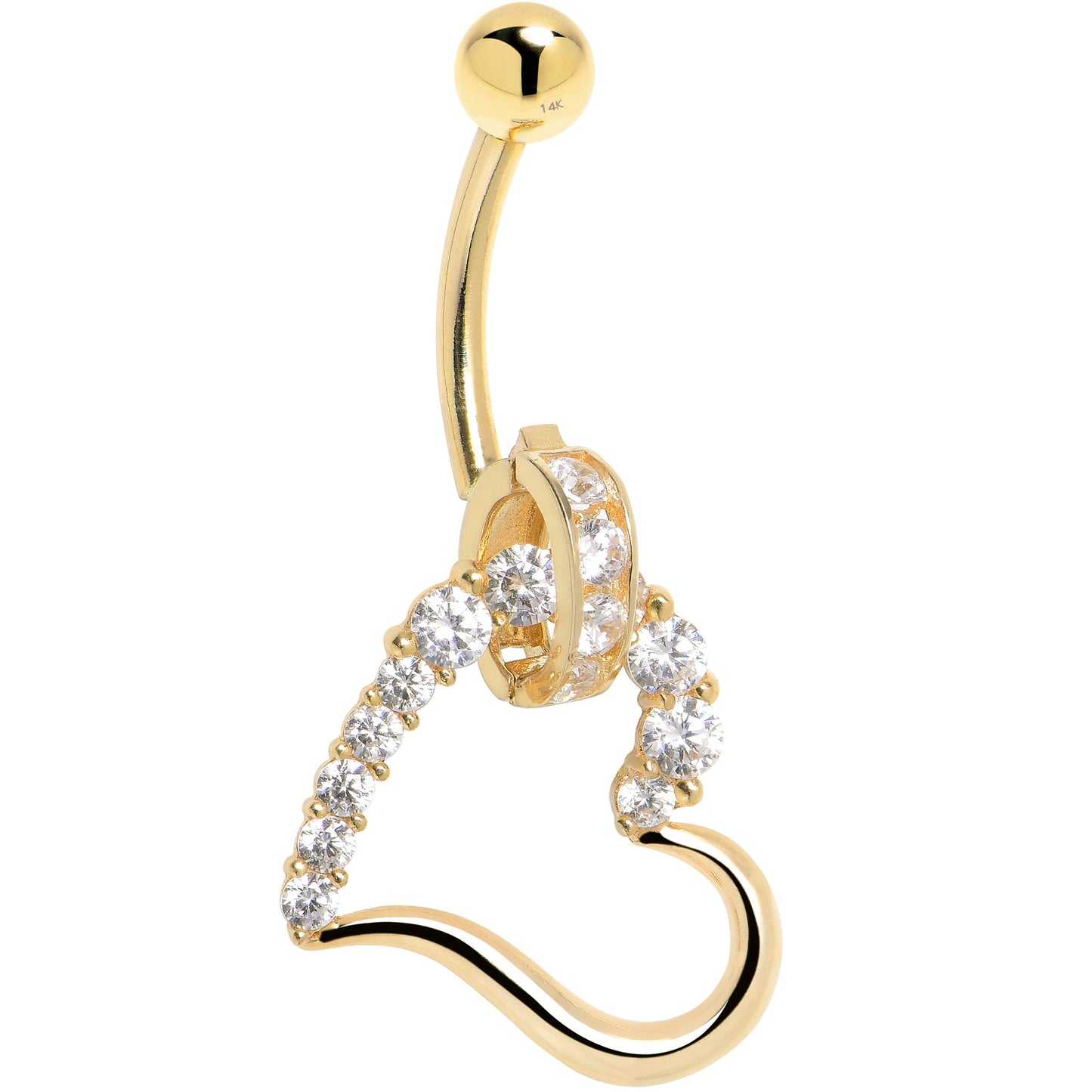 16G Solid 14K Yellow Gold Cubic Zirconia HOLLOW HEART CHARM Belly Ring